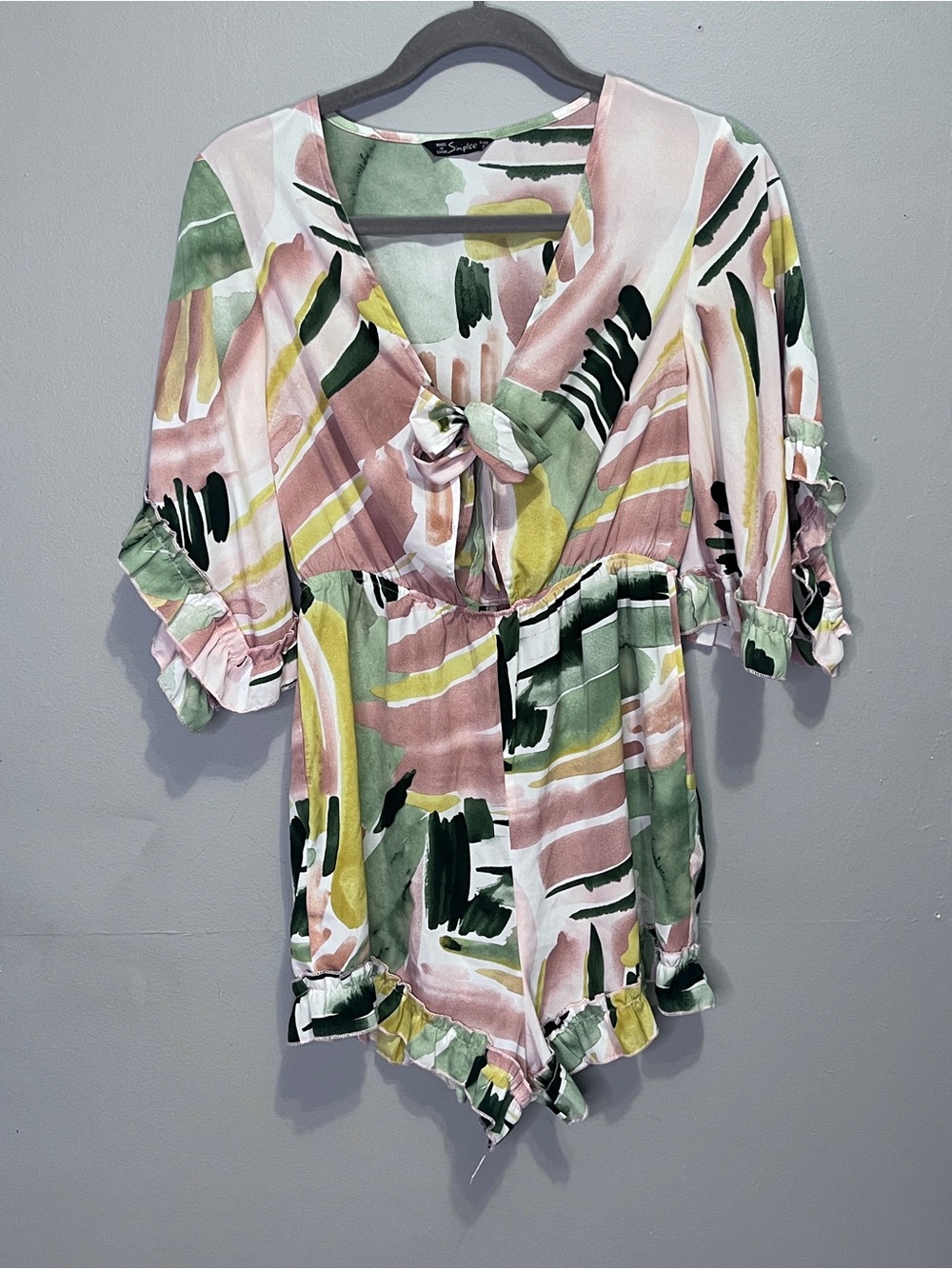 Simplee Abstract-Print Pink Green Tie-Front Womens Romper Size Small